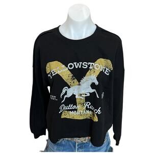 Yellowstone Dutton Ranch Black Cropped Sweatshirt LARGE Oversize Crew Fleece NEW